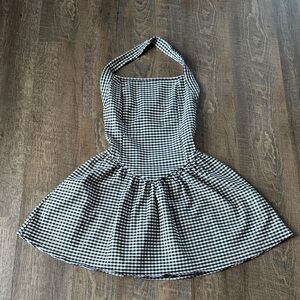 Gingham Halter Mini Dress Black White Fit Flare Cottagecore Size M basque waist